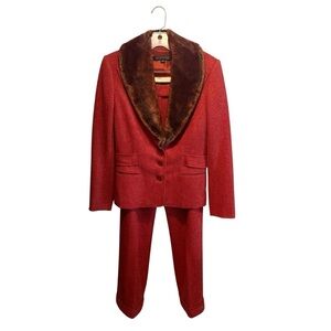 Anne Klein 2Pc Pant Suit Blazer Jacket Faux Fur Wool Blend Red Orange Size 8 NWT